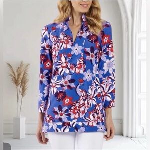 Jude Connally Size XS Chris Collared Top Twirling Peacock Cobalt 3/4 Sleeves NWT